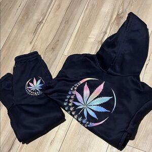 Navy Hoodie & Jogger Set with Iridescent Leaf Graphic